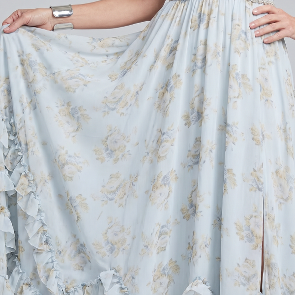 אלסיה | שמלת מקסי עם צווארון הולטר פרחוני עם חרוזים