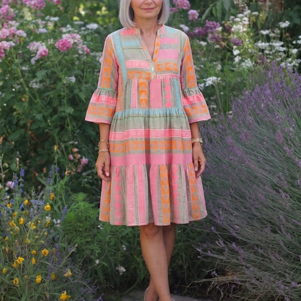מאלה | שמלת אורך ברך עם הדפס גיאומטרי בצווארון V